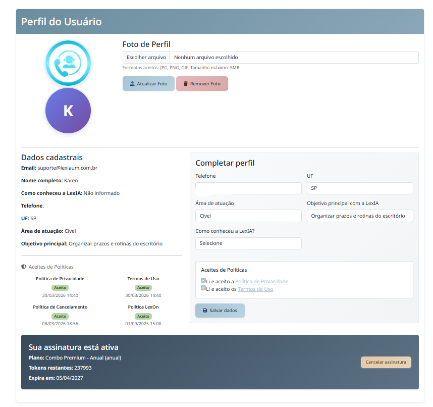 Tela de perfil do usuário na LexIA™